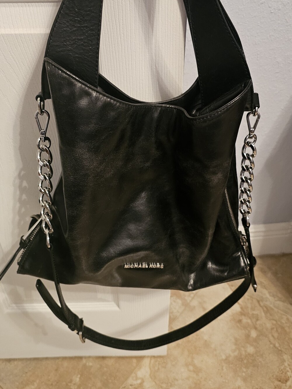 Michael Kors Black Leather Shoulder Hobo with Chain Accent